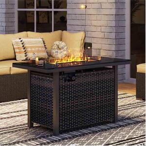 50,000 BTU Black Rectangular Wicker Fire Pit Table with Guard, Fire Glass and Lid