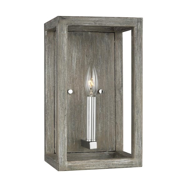 Generation Lighting Moffet Street 1-Light Washed Pine and Chrome Accents Sconce with Dimmable Candelabra LED Bulb