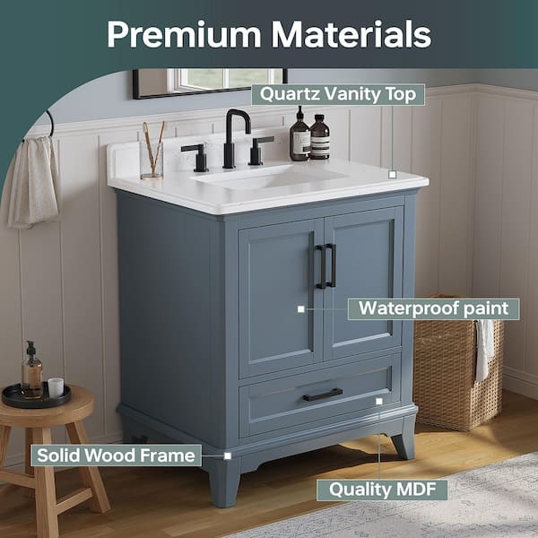 Rawsonville 31 in. Single Sink Freestanding Steel Blue Bath Vanity with White Quartz Top and Backsplash Assembled