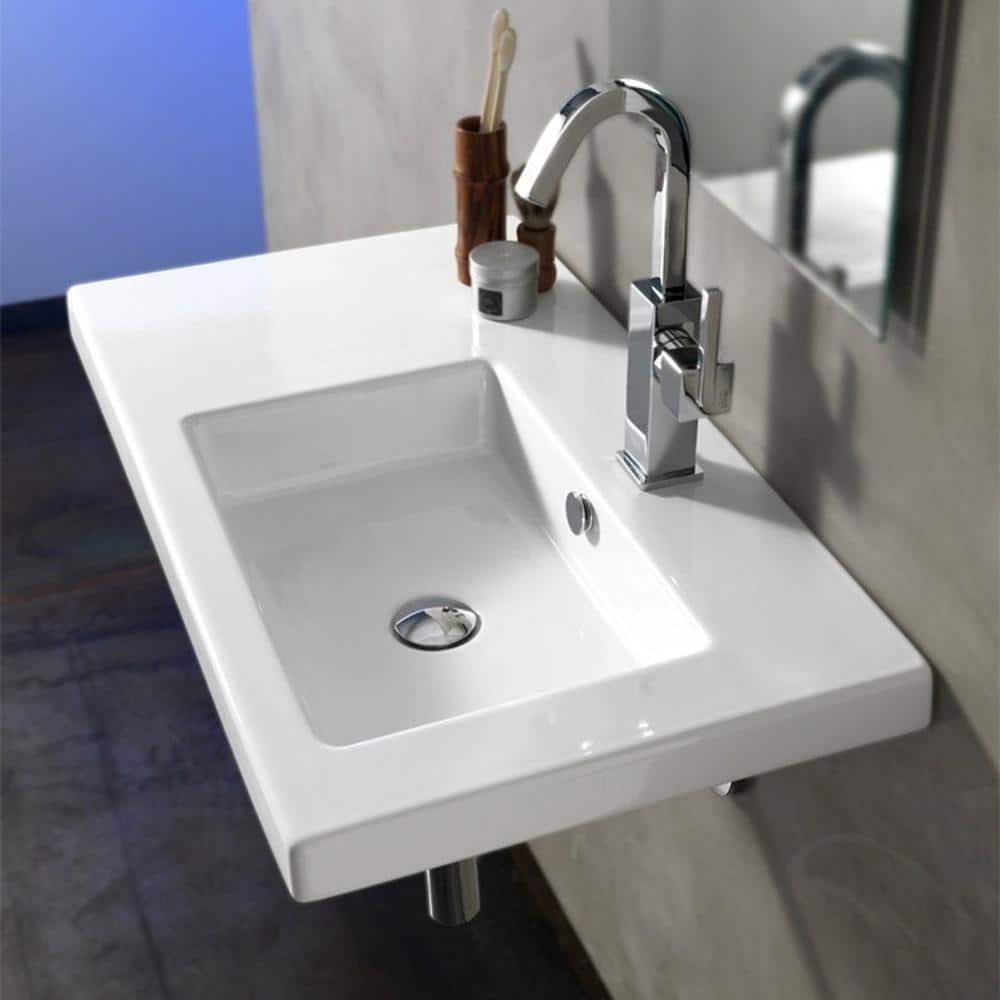 Glossy White Ceramic Wall-Mount Rectangular Bathroom Sink