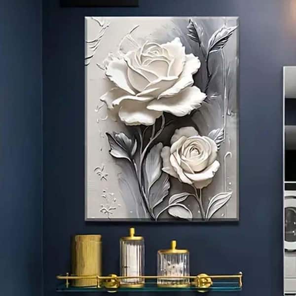 額装品/White Rose/バンクス/ポスター/アート/インテリア Elegant White Rose Framed Canvas Art, 16 x 12, Modern Black and
