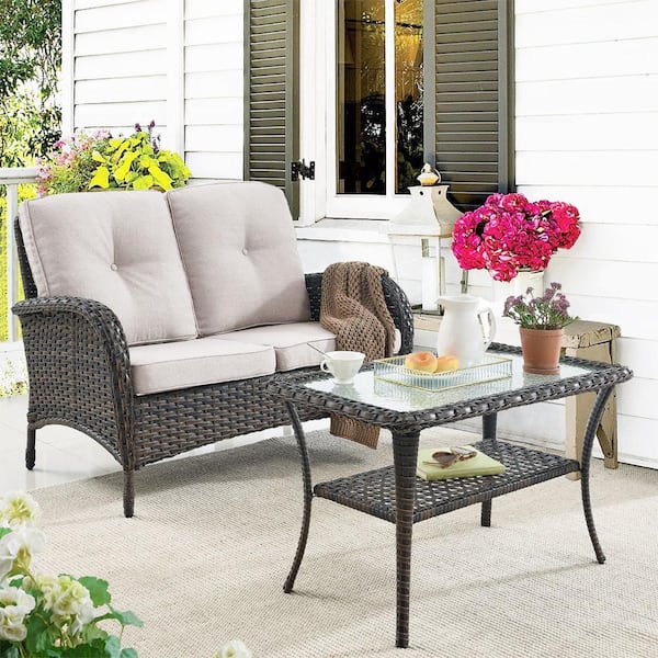 Gymojoy Carlos Brown 2-Piece Wicker Conversation Set with Beige Cushions