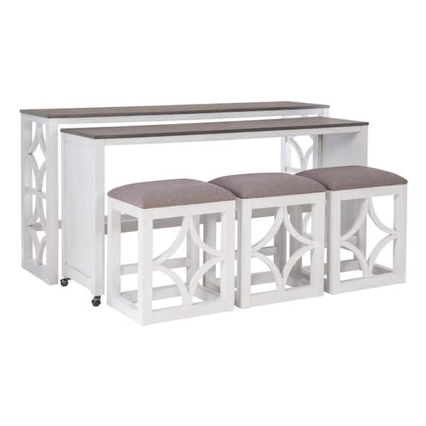 Wyeth Rolling 72 in. Antique White Rectangle Wood Top Console Table with 3 Stools