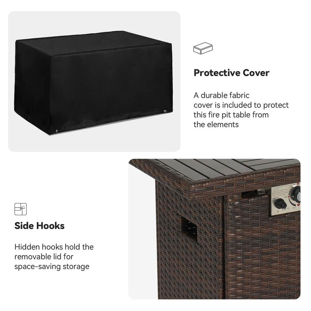 44'' Dark Brown Wicker Propane Fire Pit Table with Lid