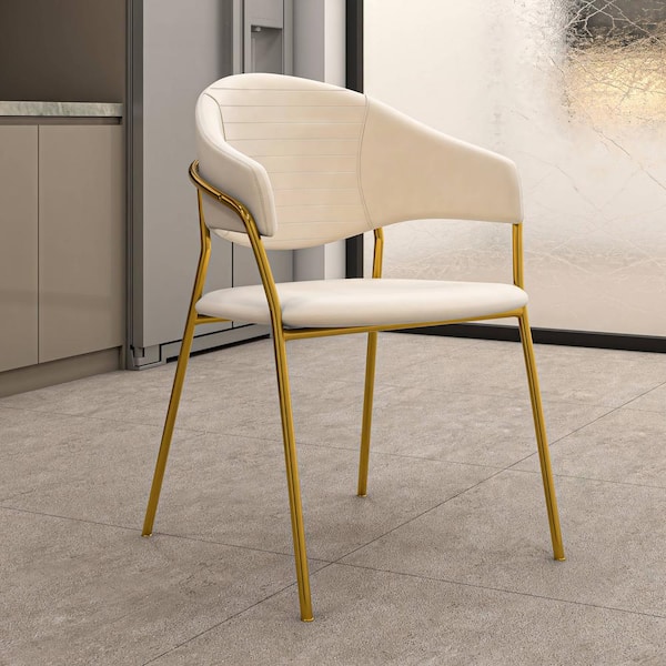 Leisuremod Upholstered Velvet Dining Chair with and Gold Stainless Steel Base Bella Off-White Velvet Set of 2