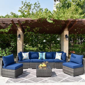 Wilkins Grand Gray 7-Piece Wicker Outdoor Patio Conversation Sectional Sofa Seating Set with Navy Blue Cushions