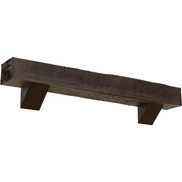 Ekena Millwork 8 in. x 12 in. x 7 ft. Rough Sawn Faux Wood Fireplace Mantel Kit with Breckinridge Corbels, Natural Honey Dew