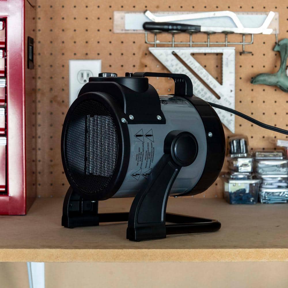 Portable Black and Gray Ceramic Electric Garage Heater with Adjustable Tilt Head