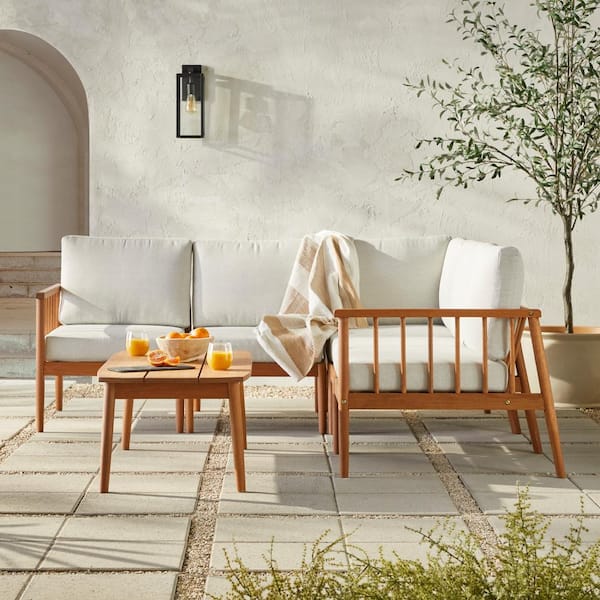 Brown 6-Piece Eucalyptus Modern Spindle Patio Conversation Sectional Seating Set with Pewter Cushions