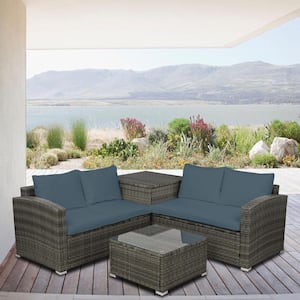Gray 4-Piece Wicker Outdoor Patio Conversation Seating Set with Gray Cushions
