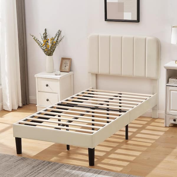 Upholstered Platform Queen Bed, Three-level Adjustable Headboard, Non-noise  Design, Soft Headboard Bed, Wood Slat Support, Easy Assembly, Beige 