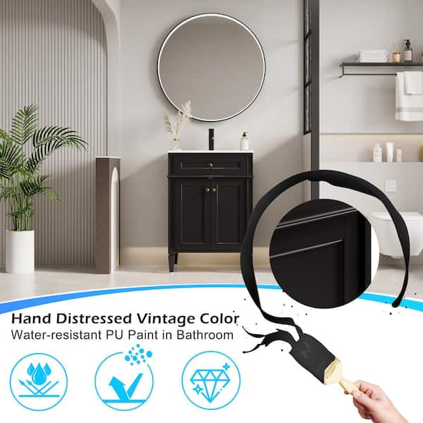 24 in. W x 18 in. D x 34 in. H 1-Sink Freestanding Bath Vanity in Black With White Ceramic Top and Drain Faucet Set