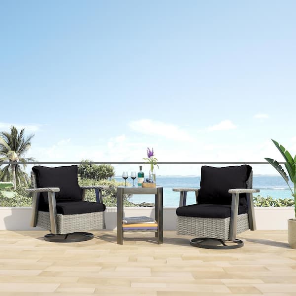 JOYSIDE 3-Piece Wicker Patio Swivel Rocking Chair Conversation Set with Black Cushions