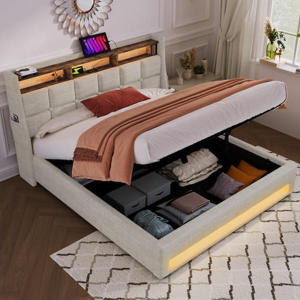 Harper & Bright Designs Natural(Beige) Wood Frame Queen Linen Platform Bed with LED Lights, Hydraulic Storage, USB Charging, Storage Headboard