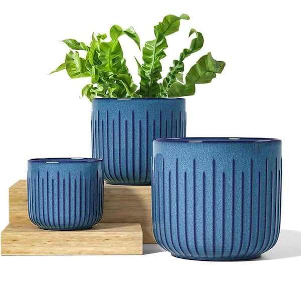 ITOPFOX Modern 8.3 in. L x 8.3 in. W x 7.5 in. H Reactive Glaze Blue Ceramic Round Indoor Planter (3-Pack)