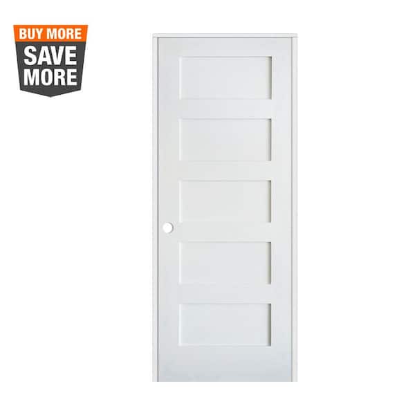 Krosswood Doors 30 in. x 80 in. Shaker 5-Panel Primed Solid Core MDF Right-Hand Single Prehung Interior Door