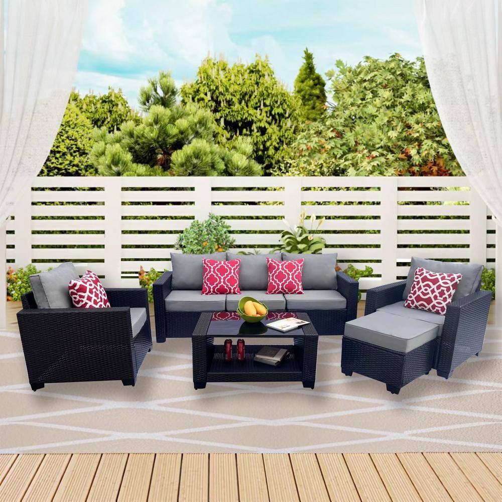 7-Piece Gray PE Rattan Wicker Outdoor Sectional Sofa Sets with Gray Cushion
