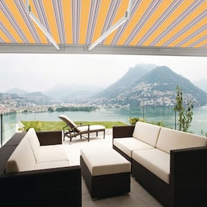 10 ft. Luxury Series Semi-Cassette Electric w/ Remote Retractable Patio Awning, Yellow Gray Stripes (8 ft. Projection)