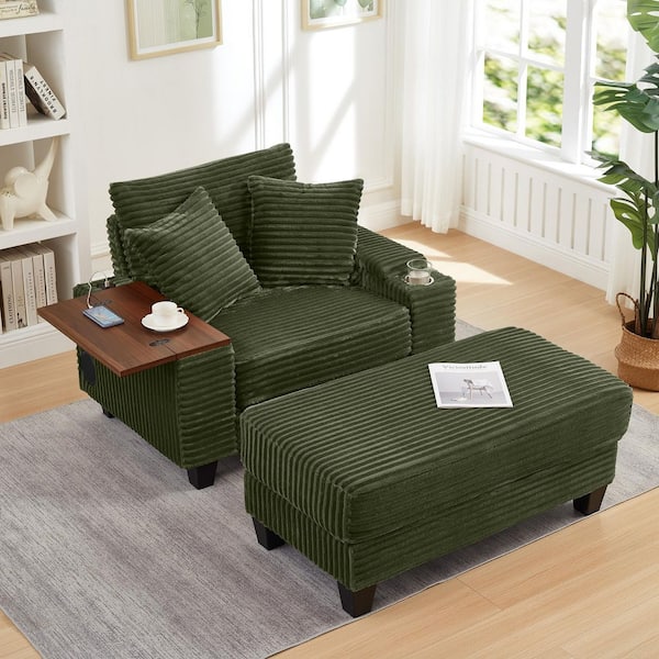 Quendral Green Fluffy Corduroy Storage Sofa Accent Armchair with Ottoman Cup Holder Bluetooth Speaker USB Ports