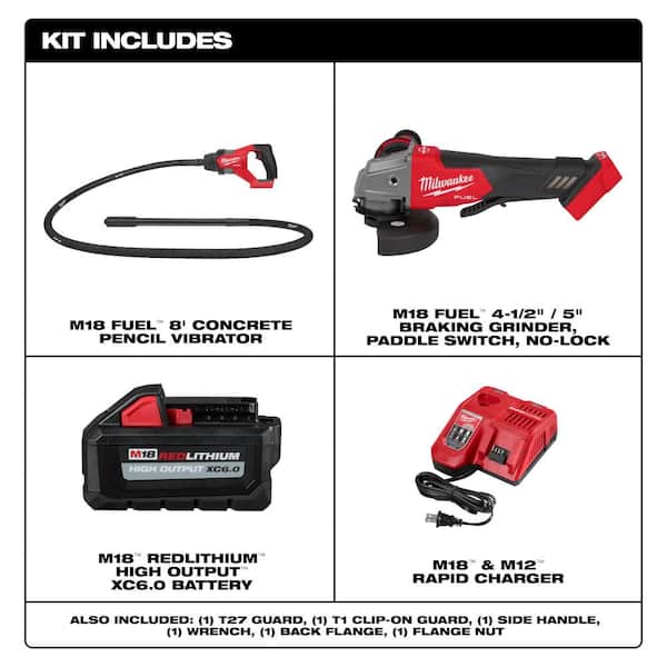 M18 FUEL 18V Lithium-Ion Brushless Cordless 8 ft. Concrete Pencil Vibrator Kit with 6.0 Ah Battery & M18 FUEL Grinder