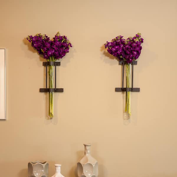DANYA B Urbanne Rustic Black Wall Mount Cylinder Glass Cylinder Decorative Vases (Set of 2)