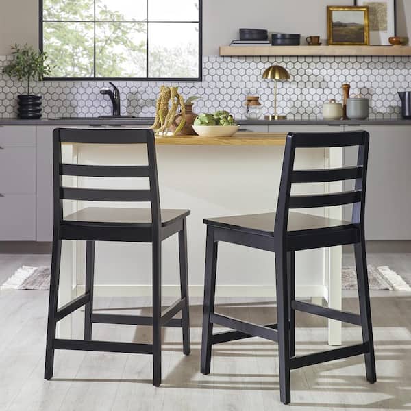 Modern Ladder Back 24 in. Black Low Back Solid Wood Counter Stool with MDF Seat, Set of 2