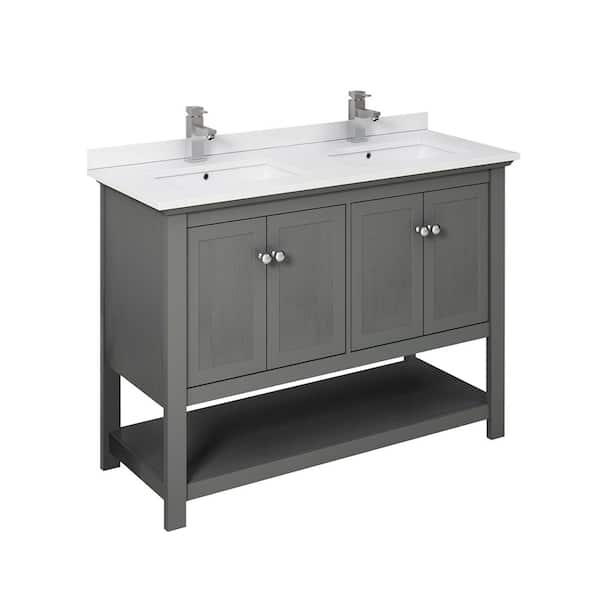 Fresca Manchester Regal 48 in. W Double Vanity in Gray Wood with Quartz Stone Vanity Top in White with White Basins