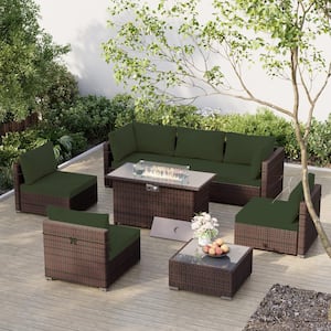 8-Piece Outdoor Brown Wicker Patio Conversation Set with Wicker Fire Pit Table with Pine Green Cushions