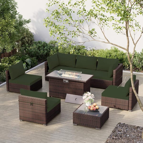 UPHA 8-Piece Outdoor Brown Wicker Patio Conversation Set with Wicker Fire Pit Table with Pine Green Cushions