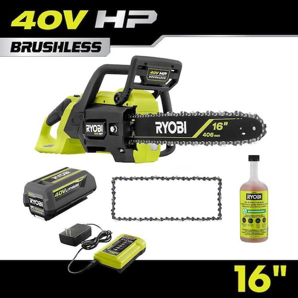40V HP Brushless 16" Battery Chainsaw w/ Replacement Chain, 24 oz. Biodegradable Chain Oil, 4.0 Ah Battery, & Charger
