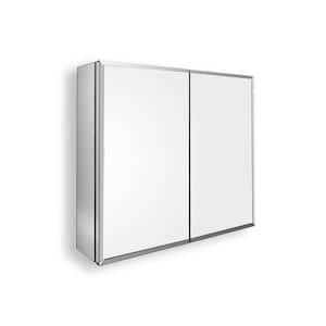 30 in. W x 26 in. H Large Rectangular Silver Aluminum Double Door Surface Mount Medicine Cabinet with Mirror