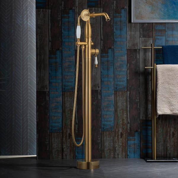 Single-Handle Freestanding Tub Faucet with Hand Shower in Polished Gold