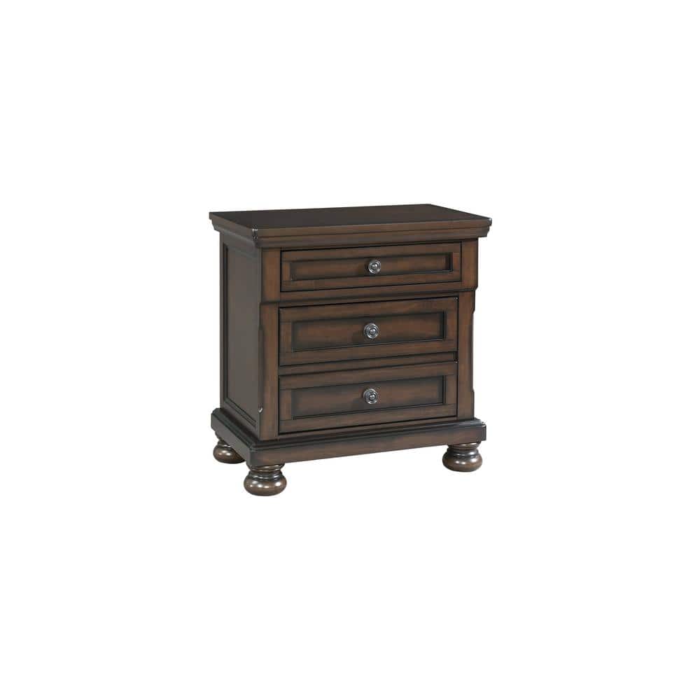 Walnut 3-Drawer Nightstand with USB Ports and Bun Feet