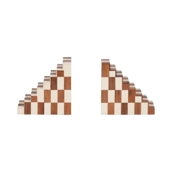 Ivory 6 in. x 6 in. Wood Geometric Checkered Step Bookends (Set of 2)