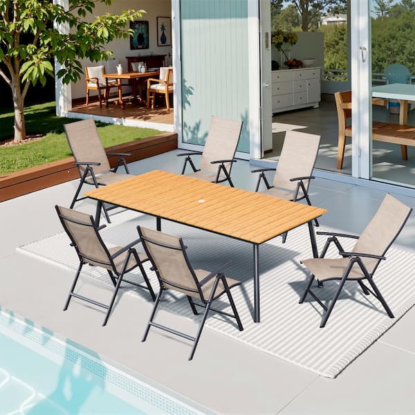 Pellebant 7-Piece 70 in. Brown Rectangular Aluminum Wood-Like Outdoor Patio Dining Set, Esspreso Adjustable Backrest Metal Chair