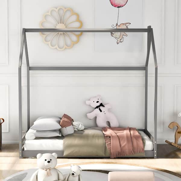 Gray Twin Size Wooden House Bed House Shape Floor Bed Frame Wood House Bed for Boys and Girls