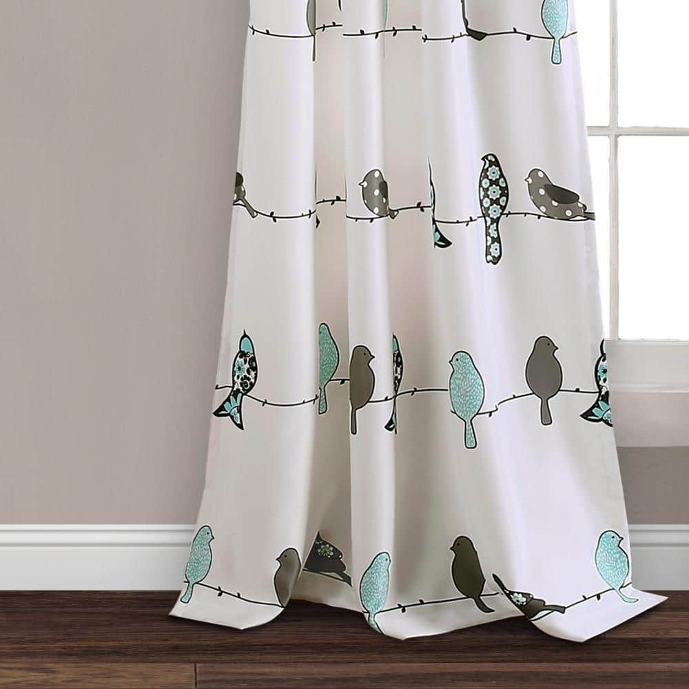 Whimsical Blue and Gray Bird Print Light Filtering Curtains, 52" x 84"