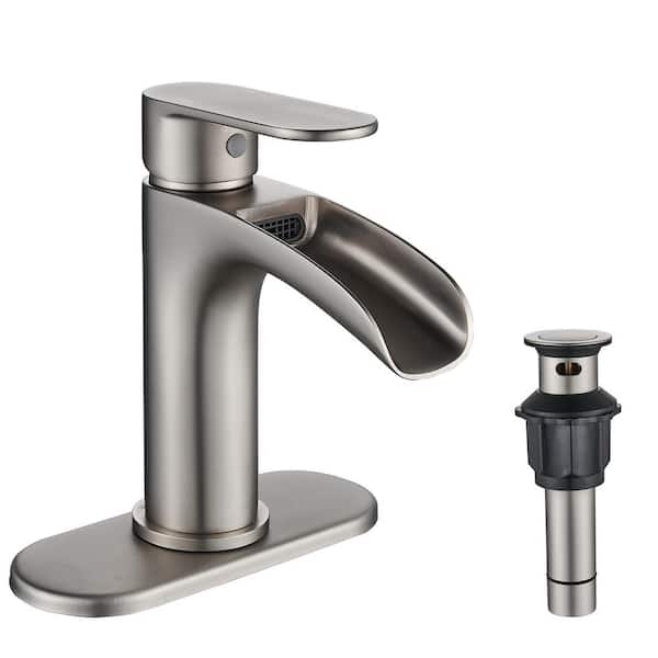 androme Waterfall Single Hole Single Handle Low-Arc Bathroom Faucet with Deckplate and Pop Up Drain Assembly in Brushed Nickel
