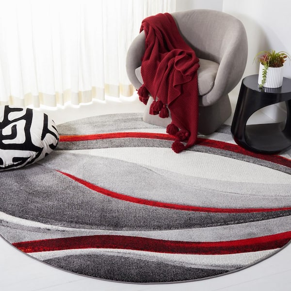 Hollywood Gray/Red 8 ft. x 8 ft. Gradient Waves Round Area Rug