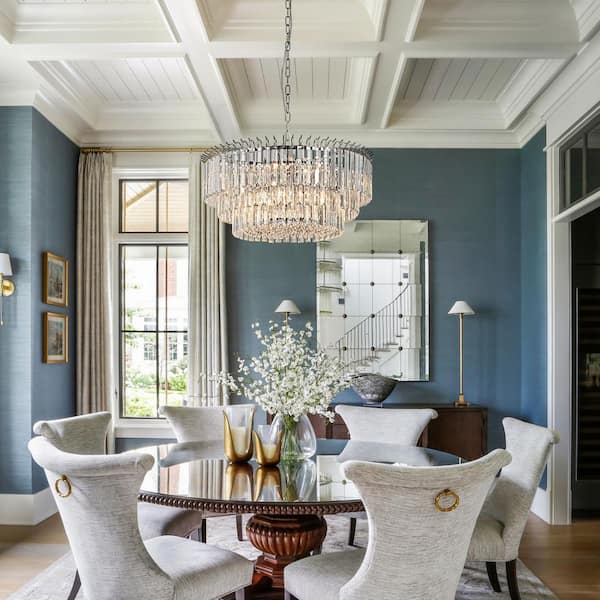 22.83 in. 9-Light Chrome Modern Glam Round Tiered Drum Crystal Chandelier for Dining Room