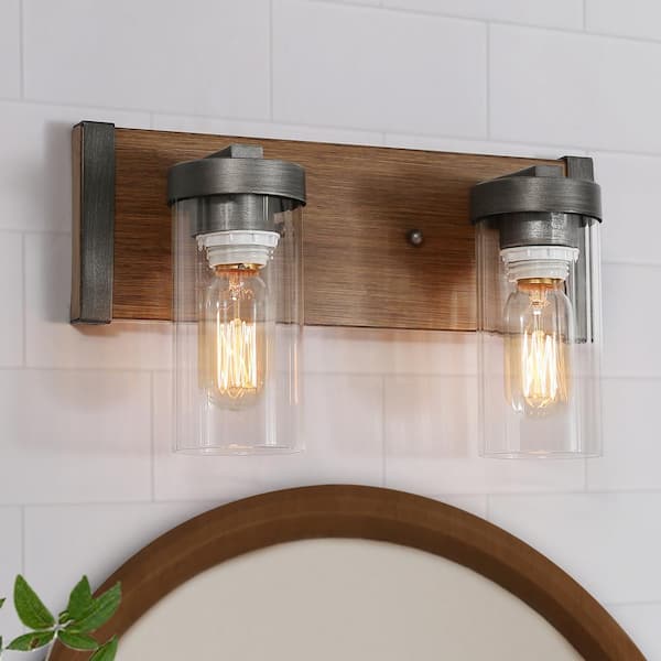 LNC 14 in. 2-Light Brushed Aged Silver Bathroom Vanity Light Rustic Wall Sconce with Brown Faux Wood Plate and Clear Glass
