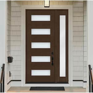 Regency 53 in. x 96 in. 5L Modern Frosted Glass LH Hickory Stain Mahogany Fiberglass Prehung Front Door w/14in.SL