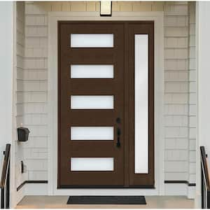 Regency 51 in. x 80 in. 5L Modern Clear Glass RHOS Hickory Stain Mahogany Fiberglass Prehung Front Door w/12 in. SL