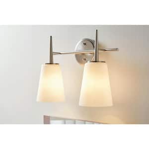 Driscoll 15.5 in. 2-Light Contemporary Modern Brushed Nickel Wall Bathroom Vanity Light with Etched White Glass Shades