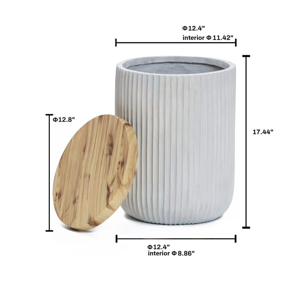 Gray Cement and Faux Wood Round Patio Side Table with Storage