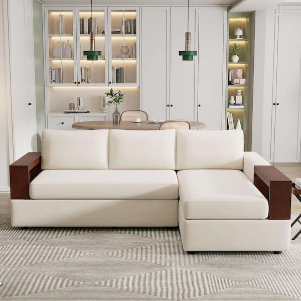 Savannah 87.40 in. Modern Chenille Upholstered L-Shape Sectional Sofa in Beige with Shelves, Reversible Armrest
