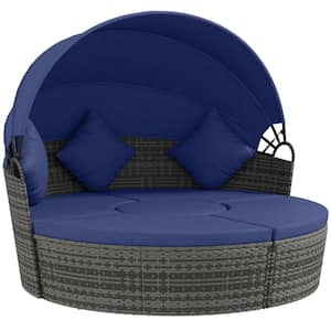 4-Piece Round Rattan Daybed 19 in. 5-Person Metal Steel Patio Swing with Dark Blue Cushions