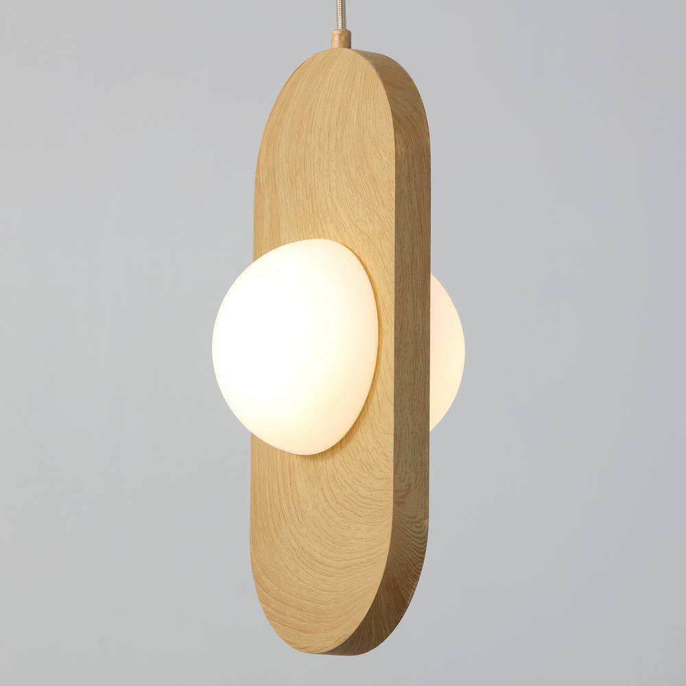 Natural Wood and Frosted Glass LED Pendant Light, 14" x 6"
