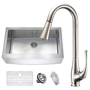 Elysian Farmhouse Stainless Steel 36 in. Single Bowl Kitchen Sink with Faucet in Brushed Nickel