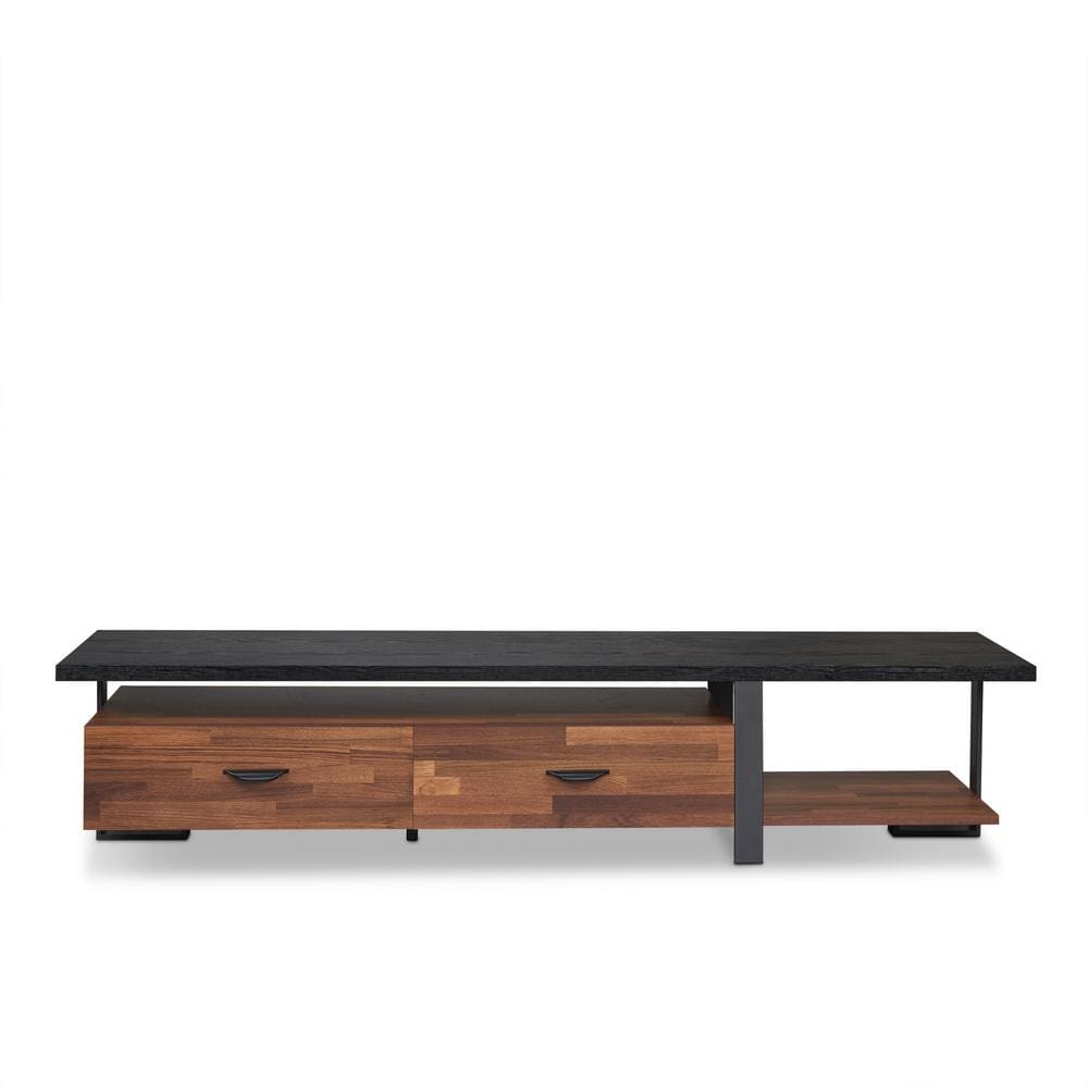 Black and Walnut 71" Metal Framed TV Stand with Cabinet
